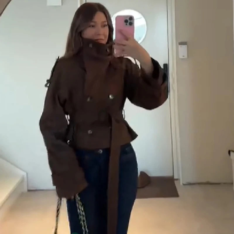 Women Vintage Cropped Coat Stand Collar Waist Slim Belt Double-breasted Jacket 2026 Autumn Winter Commute Office Party Outerwear