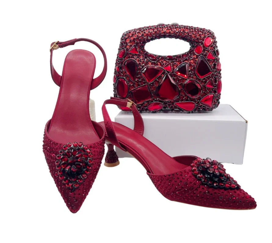 INSIGHTLINK Wine Color Rhinestone high heel shoes And Bag Fashion Style Pointed-Toe Shoes For Women Luxury Wedding Party Sandals