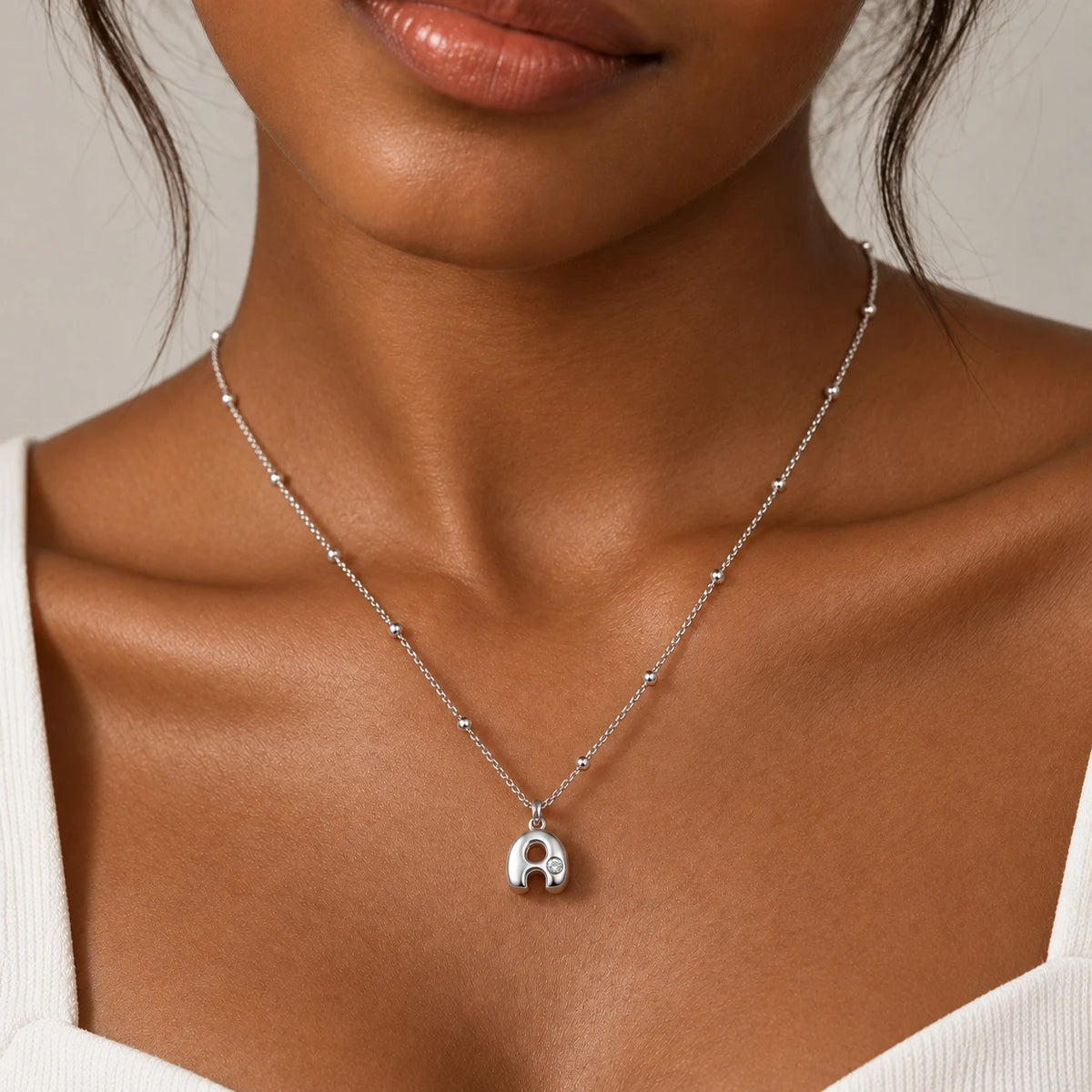 Cazador Bubble A-Z Initial Letter Necklace for Women Stainless Steel Chunky Alphabet Pendant Beads Chain Necklace Jewelry Gift