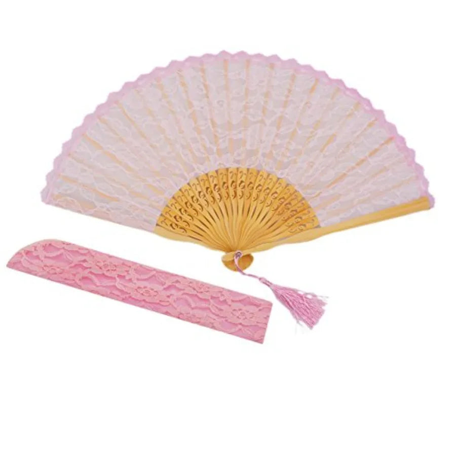 Chinese/Japanese Vintage Retro Style Bamboo Wood Silk Folding Hand Fan for Women 23cm with Tassel Pendant and Silk Pouch