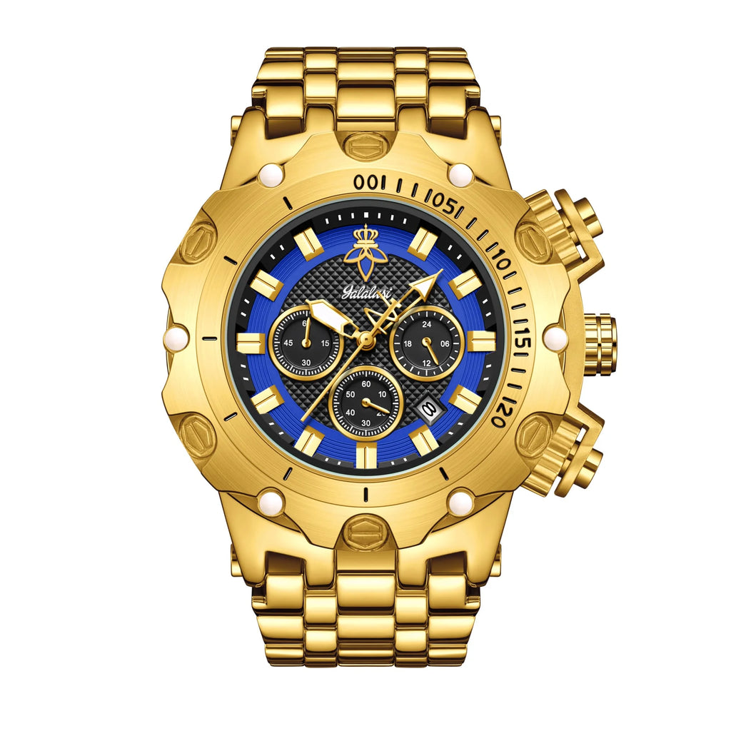 YaLaLuSi Men Gold Watch Multi Chronograph 3 Subdials Heavy Duty  Bracelet Luminous Dial Sport Quartz Wristwatch Male Gift Clock