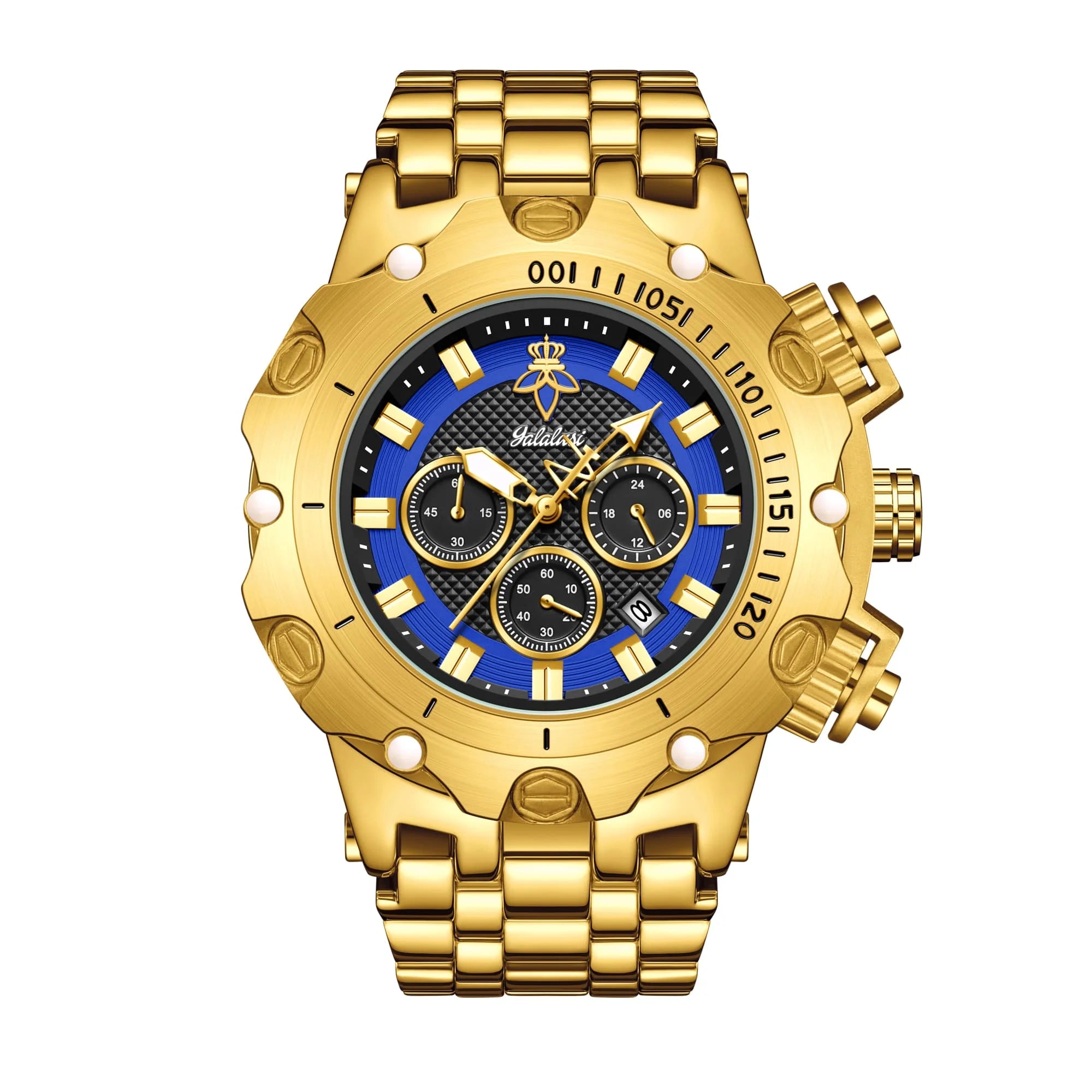 YaLaLuSi Men Gold Watch Multi Chronograph 3 Subdials Heavy Duty  Bracelet Luminous Dial Sport Quartz Wristwatch Male Gift Clock