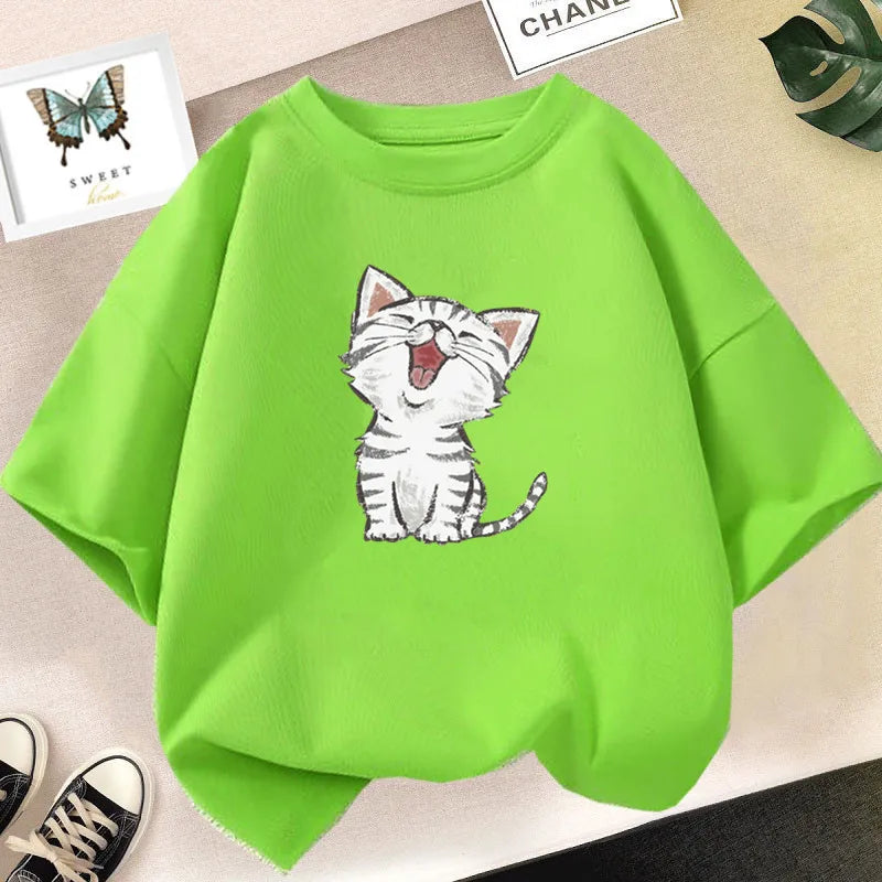 Girls Clothes 2024 Summer Fashion T-Shirt Fun And Cute Cat Kitten Print Short-Sleeved Tops Children Summer Clothes