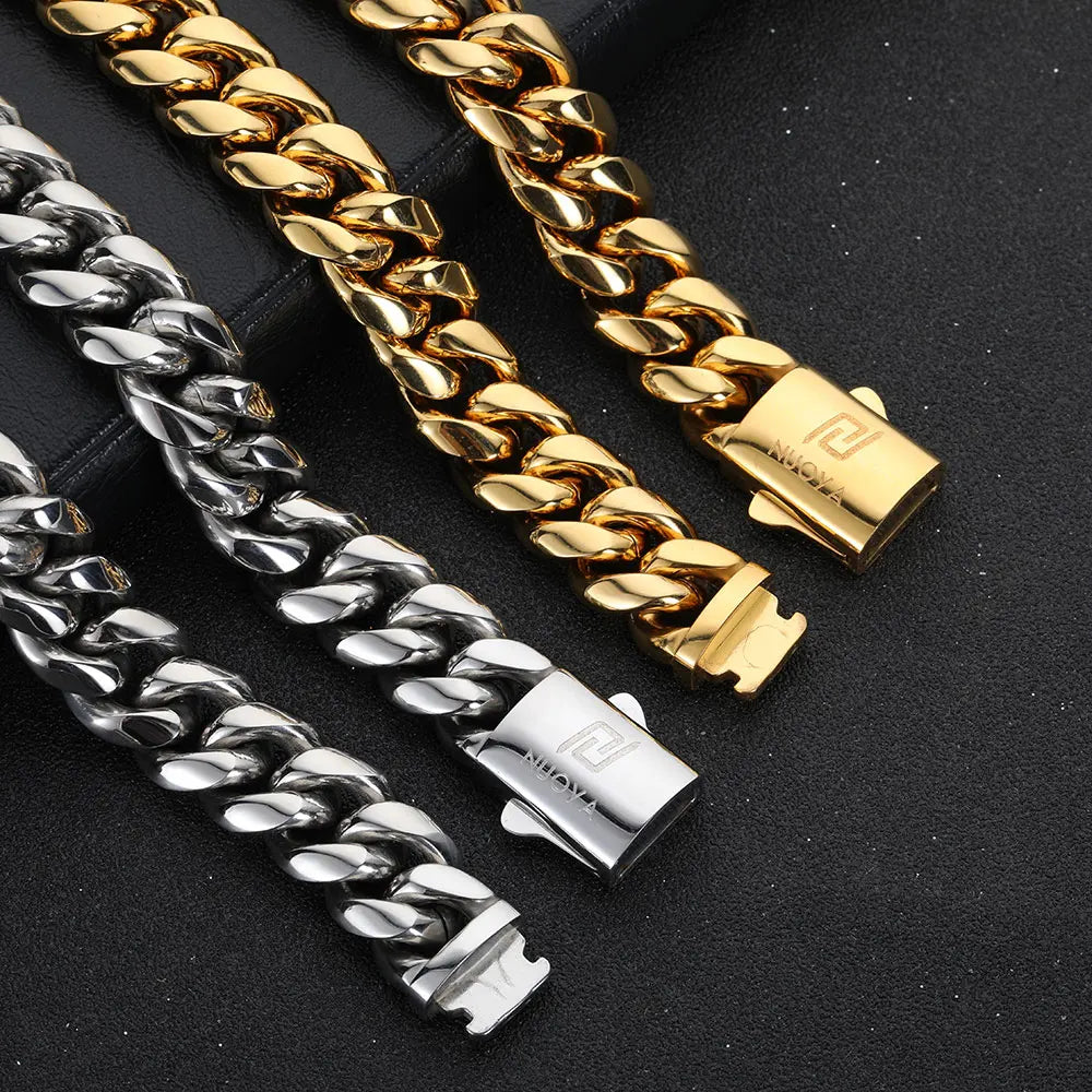 Hip Hop PVD Plated Stainless Steel Cuban Necklace with Snap Clasp Men Miami Cuban Link Chain Jewelry For Women's Free Laser Logo
