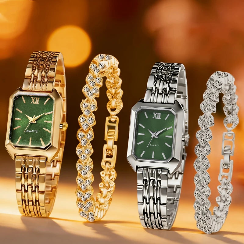 4PCS/Set Elegant Rectangle Women Watches Fashion Ladies Quartz Wristwatch Heart Bracelets Set Reloj Mujer Clock（Without Box）
