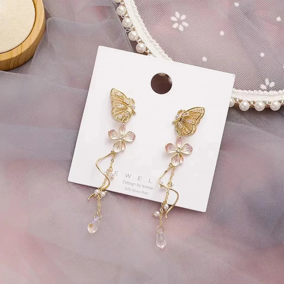 Korean Elegant Butterfly Earrings For Women Exquisite Crystal Zircon Long Tassel Flower Drop Earrings Girls Temperament Jewelry