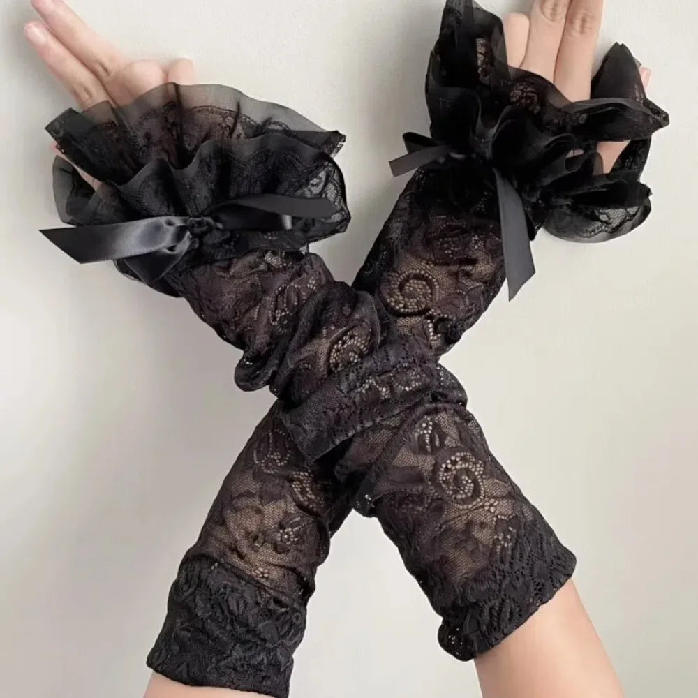 Graceful Lace Bowknot Womens Sleeve Sun Protection Hollow Out Lace Fingerless Gloves Y2K Bridal Wrist Gloves