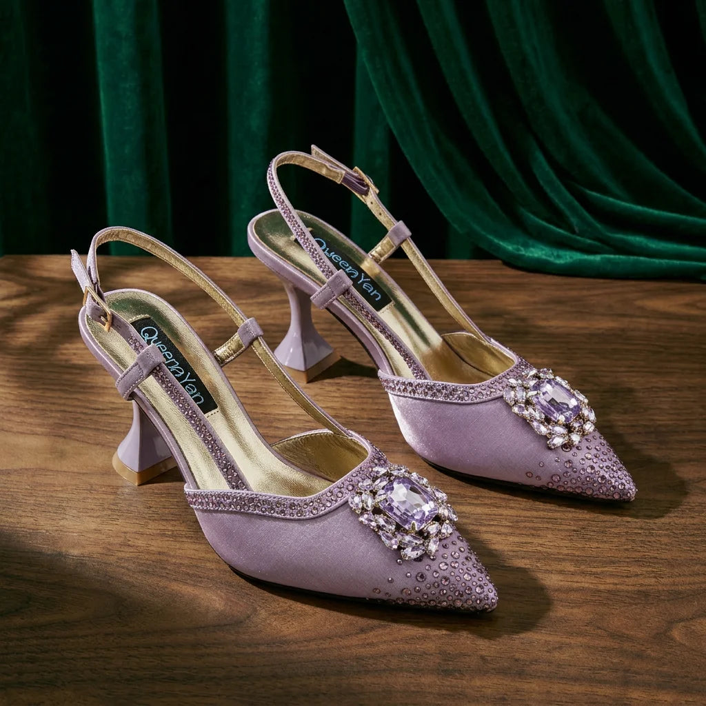 Elegant Lilac Satin Pointed Pumps Decoration Wavy Rhinestone Evening Bag For Wedding Women Heels Shoes Matching Bag Heels S
