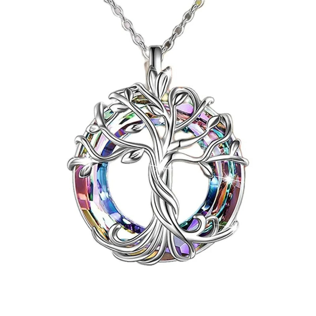 Tree of Life Necklace with Circle Crystal Exquisite Family Tree Pendant Design Jewelry Gift for Women Mom Daughter