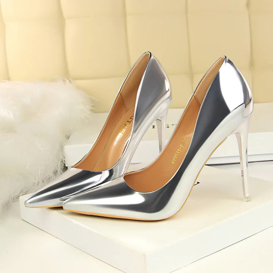 Women Mteallic Patent Bronze Leather Pumps 7.5cm 10.5cm High Heels Lady Stiletto Middle Low Heels Wedding Bridal Silver Shoes
