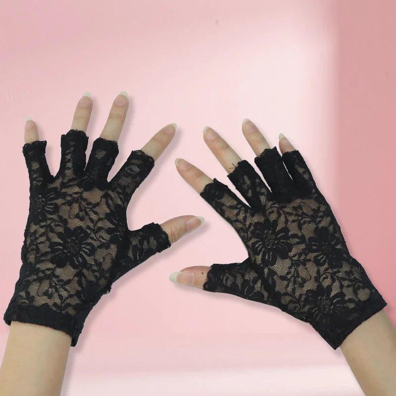 Spring/Summer Women's Thin Lace Flower Gloves Breathable Half Finger Exposed Finger Driving Touchscreen Scar Covering Bridal Glo