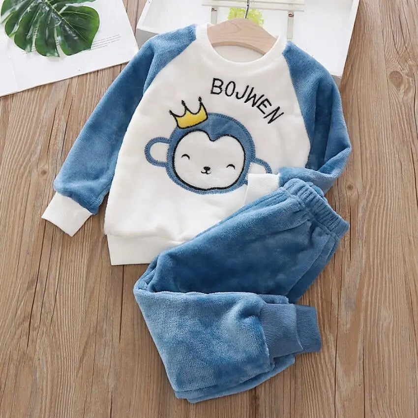 Boys Coral Fleece Pajama Sets Plus Velvet Thick Flannel Homewear Children Winter Warm Sleepwear Suit 2Pcs Girls Pantsuit