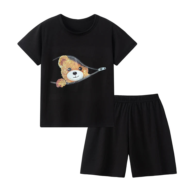 2 Pcs Summer Children's Fun Printed Shorts Short Sleeve Suit Boy Colorful Dinosaur Top Girl Sweet And Lovely Elastic Waist Short