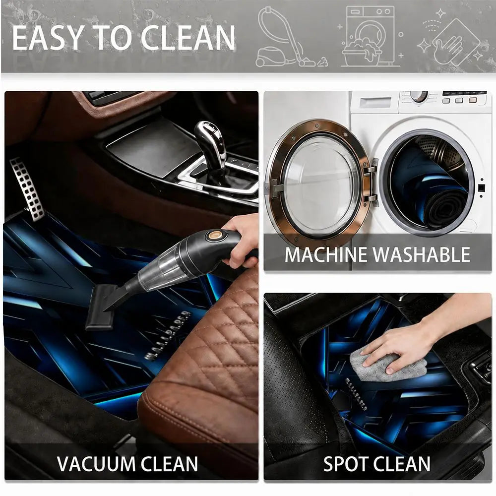 4Pcs Universal Car Floor Mat Blue Metallic Geometric Tech Print Waterproof Non-slip Auto Foot Liners Stain Resistant All Weather