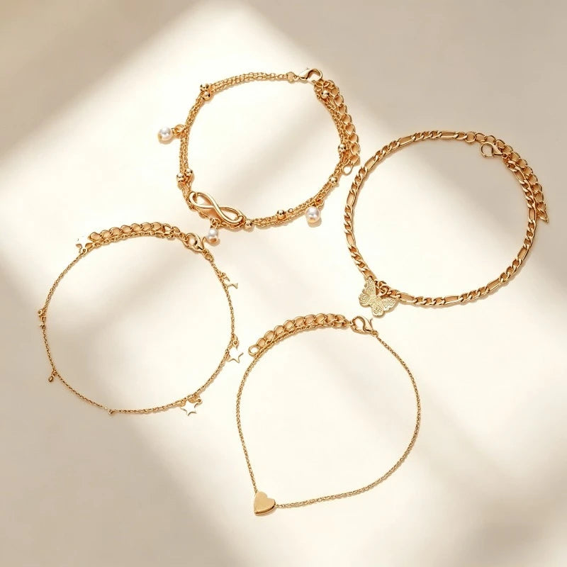 4Pcs Bohemian Butterfly Metal Butterfly Star Heart Pendant Women's Star Heart Pearl Charm Anklet Bracelet Women's Summer Beach Jewelry Accessories