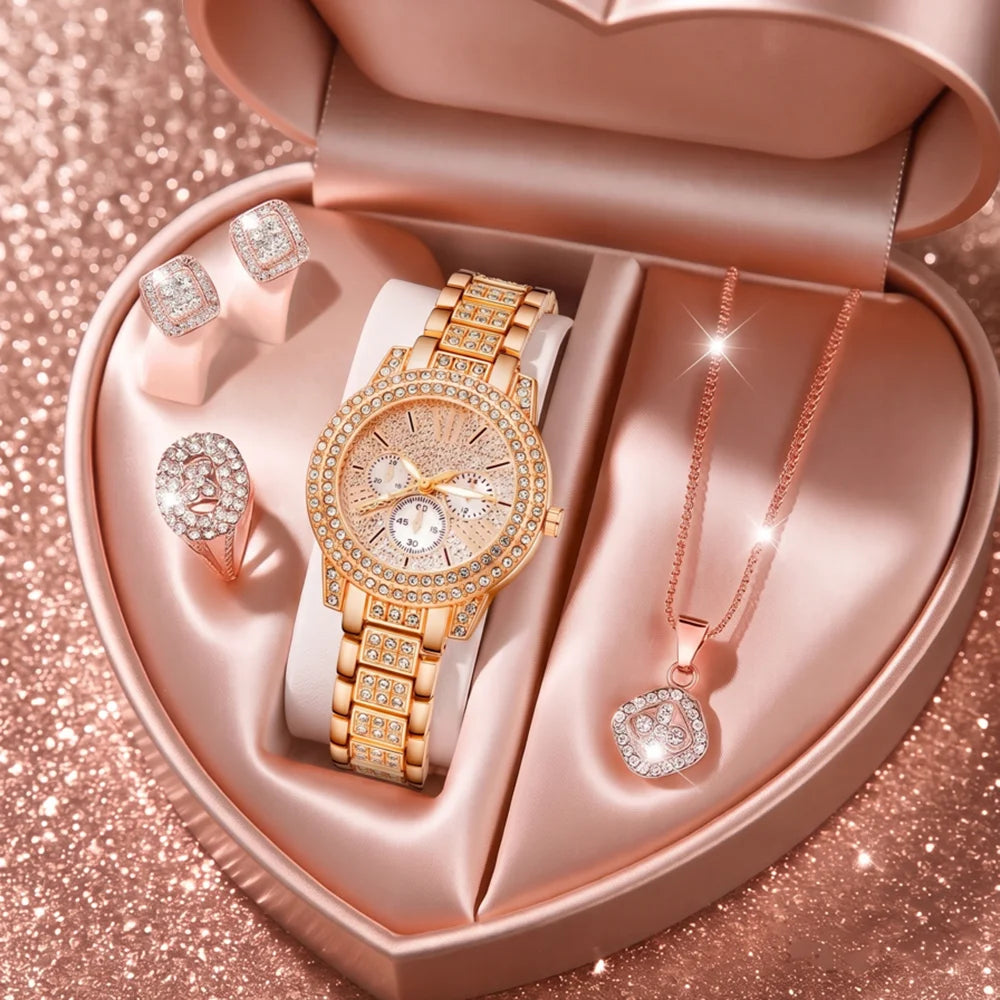 5Pcs/Set Unisex Jewelry Watches Women's Wristwatch Accessories Rose Gold Fashion Trendy Business Elegant Classic Exquisite Light Luxury Rhinestone Luxury Bracelet Watch Set Y2K Suitable for Daily Outfits and Our Holiday Gifts