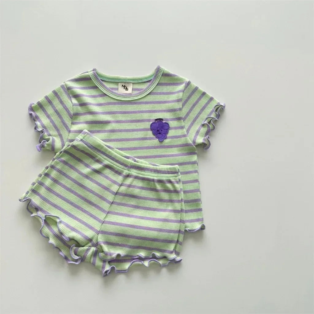 Summer New Baby Striped Short Sleeve Clothing Set Girl Ear Edge Tops + Short 2 Pieces Suit Kids Grape Pattern Clothes Items