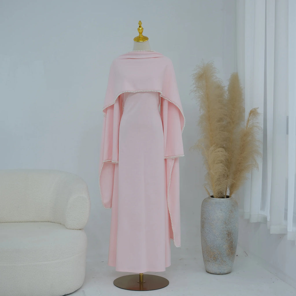 White Pearl Trim Cape Maxi Dress Women Elegant Long Sleeve Cinched Waist Muslim Robes 2026 Spring EID Abaya Lady Dresses