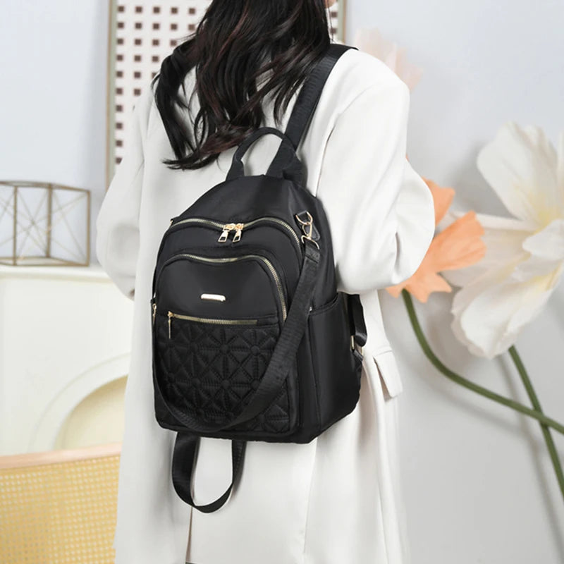 Elegant Quilted Nylon Women Backpack Gold Hardware Rucksack Multi‑slot Shoulder Bag For Casual Shopping Travel Activities