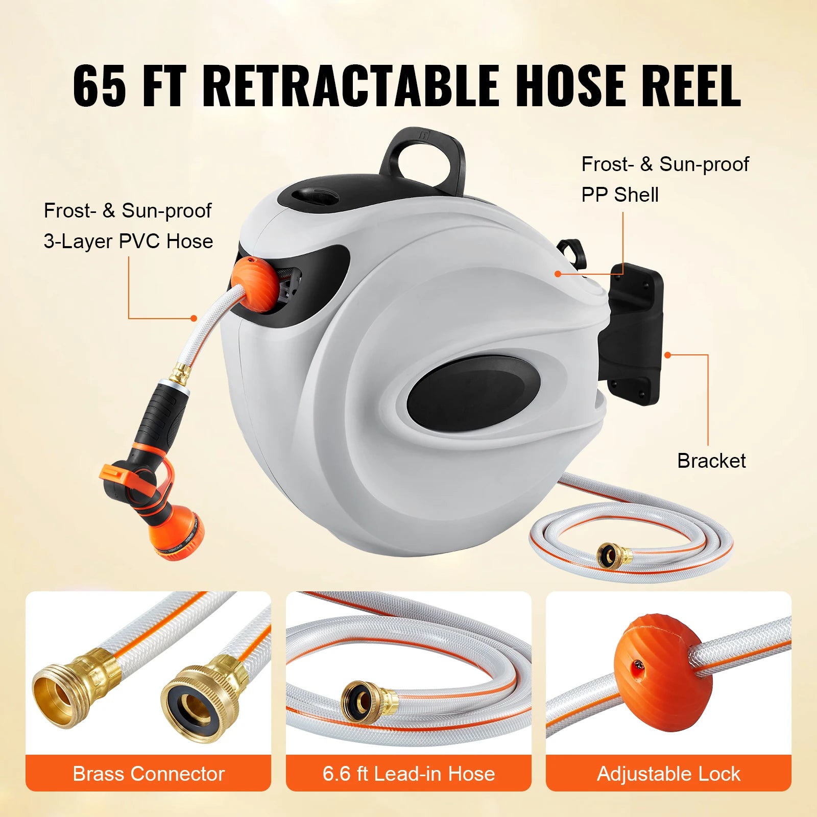 SucceBuy Retractable Hose Reel 180° Swivel Bracket Wall-Mounted Garden Water Hose Reel with 9-Pattern Nozzle Automatic Rewind