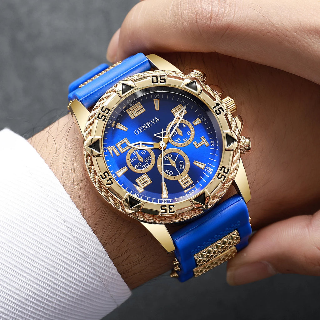 2pcs Men's Quartz Watch Set Fashion Men Business Watches Silicone Band Wristwatches