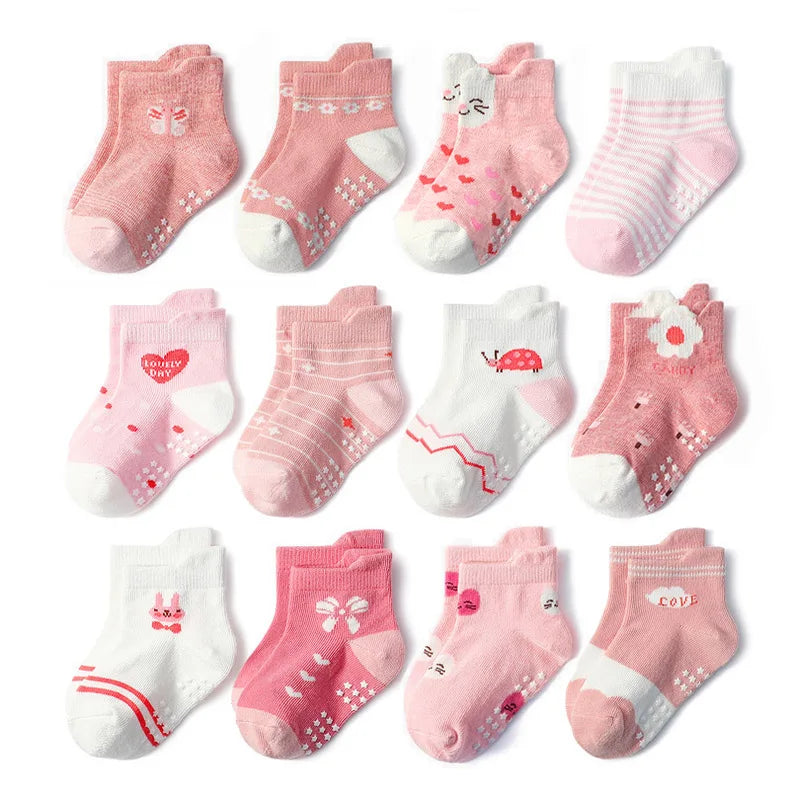 6 Pairs Girls Socks Cartoon Flower Heart Pattern Non-Slip Floor Socks for Kids Baby Toddler All-Season