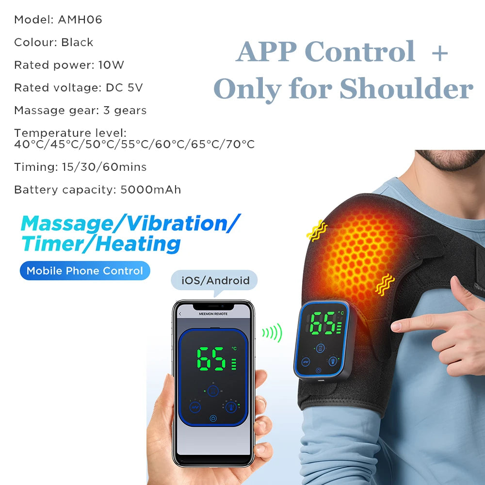 Shoulder Heating Pad With Massage 6 Adjustable Temperature HF Vibration Relax Muscle Brace Wireless Control for IOS/Android