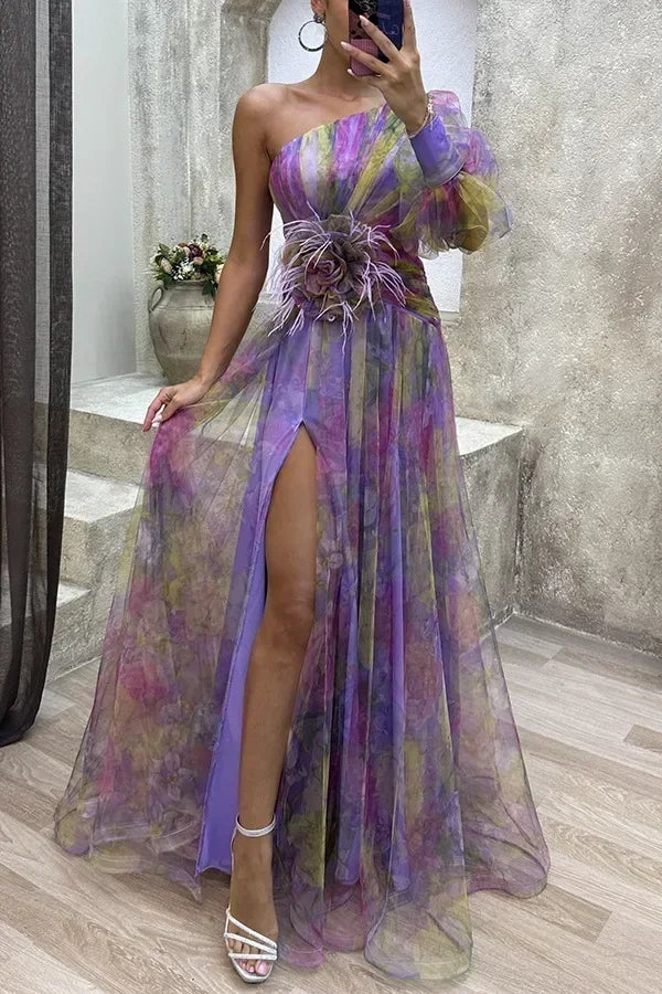 Women New Party Mesh Sloping Shoulder Dress Casual Fashion Sexy High Waist Long Maxi Loose Dress
