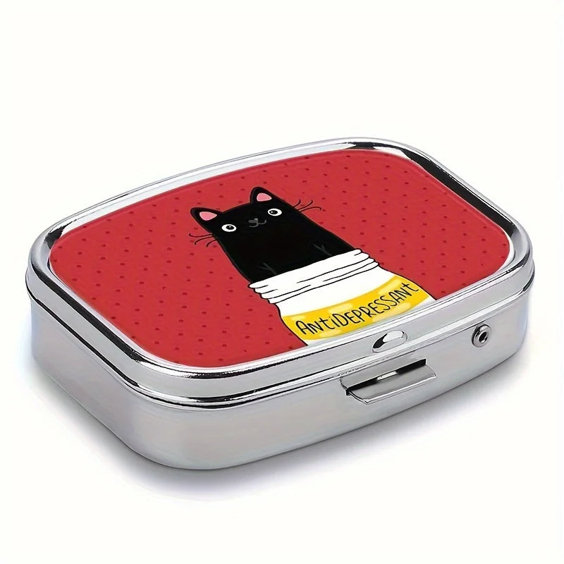 Cute Black Cat Cartoon Pill Box - Compact 2-Compartment Medicine Organizer, Portable for Travel & Purse, Unique Gift Idea
