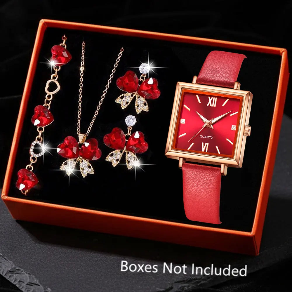 5/6 PCS/Set Red Women's Watch With Minimalist Elements Dial Quartz Watch Latex Strap Cherry Elements Jewelry Set Girl's Gift