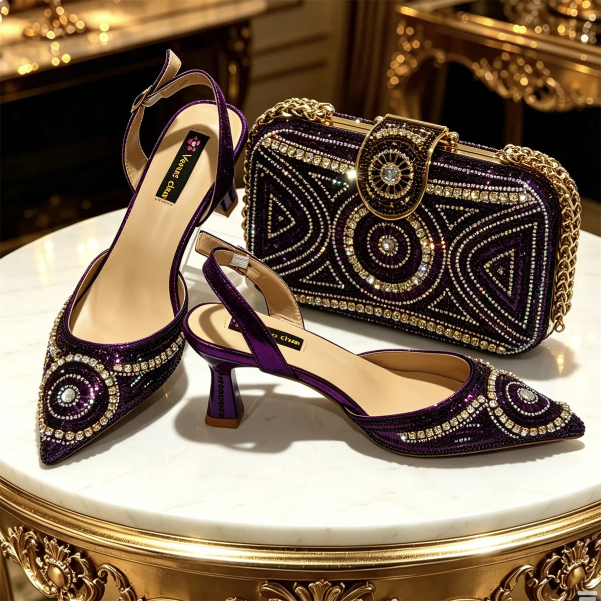 Elegant Purple Pointed Pumps Decoration Wavy Rhinestone Evening Bag For Wedding Women Heels Shoes Matching Bag Heels