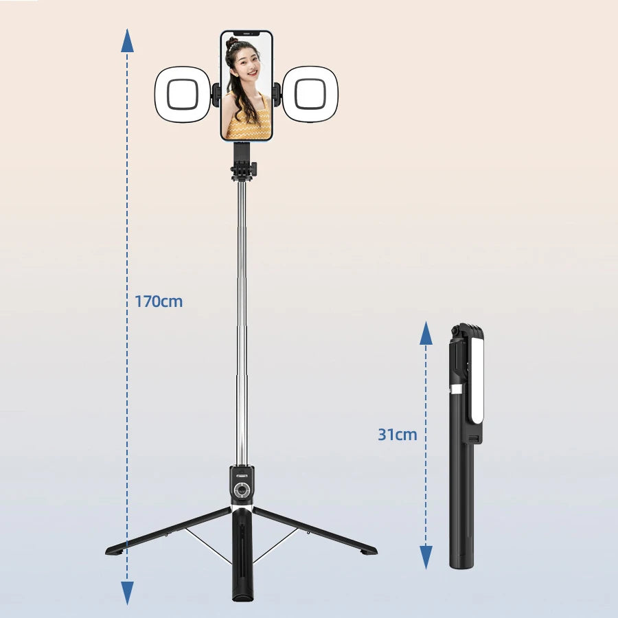 1.7m Extendable Live Tripod Selfie Stick Support LED Ring Dual Light Mirror Stand 4 in 1 Phone Mount for iPhone X 8 11 Android