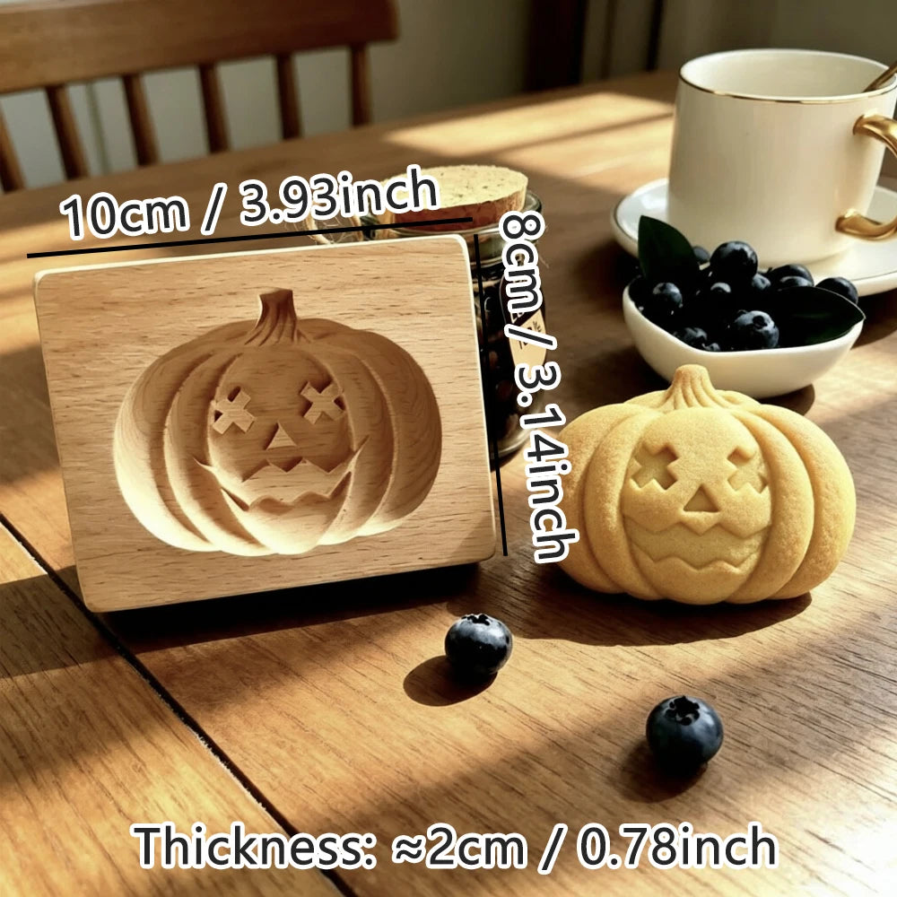 Wooden Cookie Mold Press for Baking, 3D Carved Beechwood Gingerbread Stamp, Halloween Pumpkin Ghost Embossing Cookie Cutter Mold