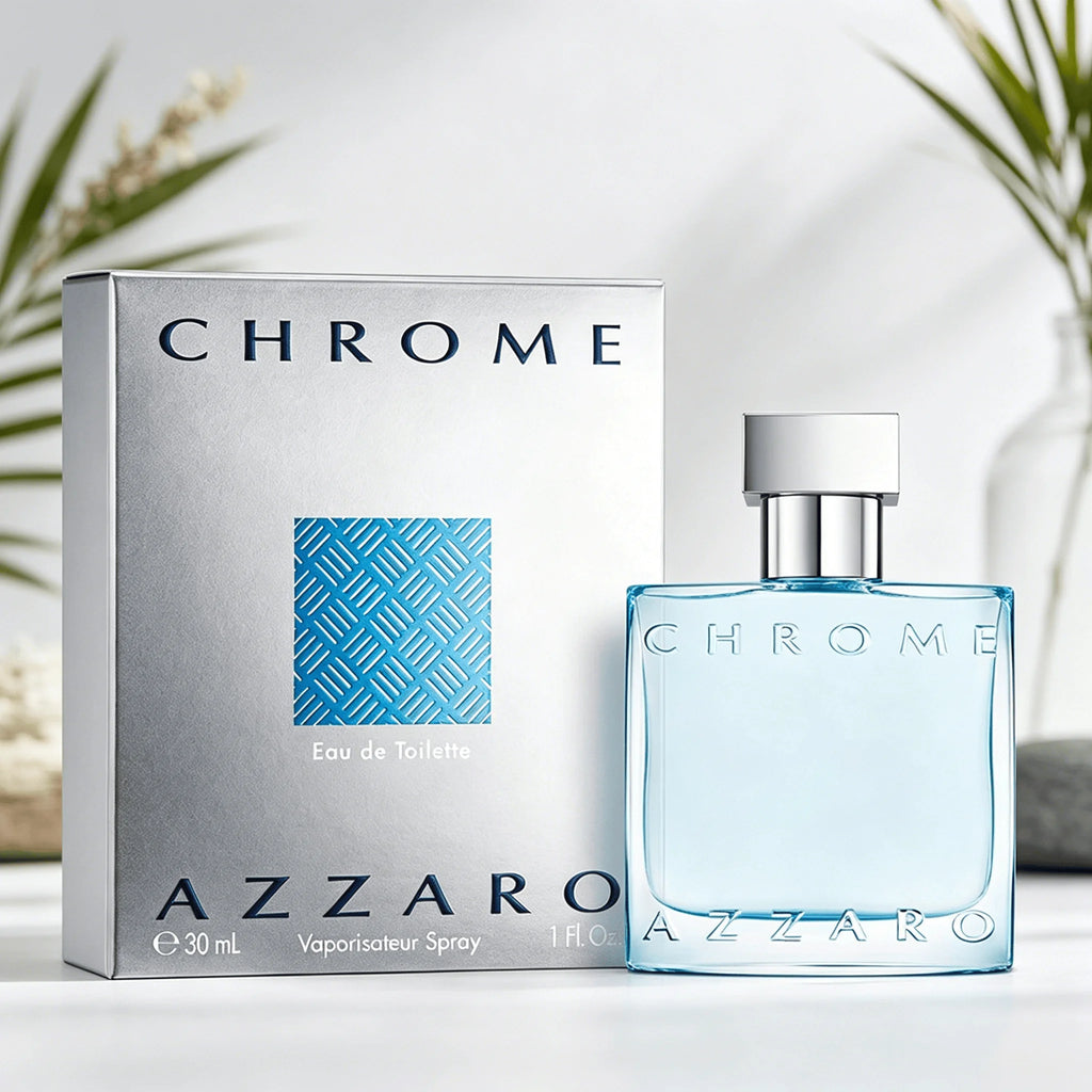 Azzaro Chrome EDT 100ML Perfume For Men Crisp Fresh Aquatic Citrus Marine Woody Aroma Long Lasting Minimalist Clear Light Blue Square Bottle Complete Silver Woven Pattern Box Dating Summer Travel Present