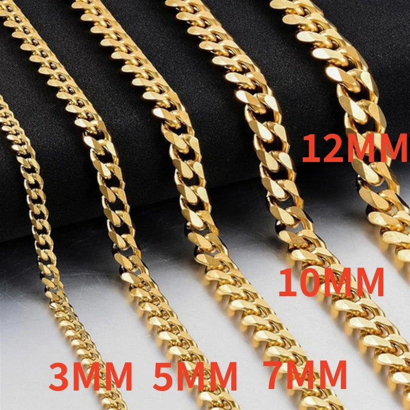 HNSP 3/5/7/9/12MM Stainless Steel Cuban Link Gold Chain Necklace For Men Jewelry Waterproof Accessory Gift