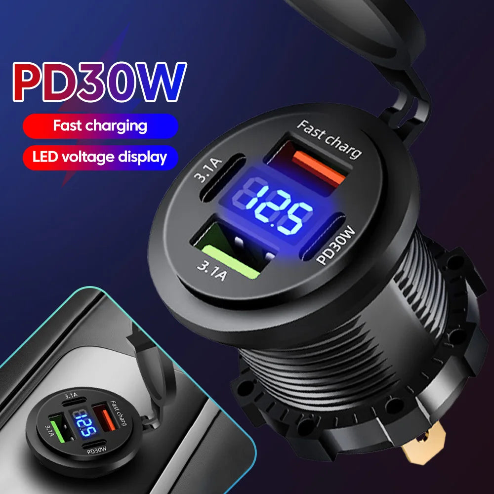 120W USB C Car Charger PD Dual QC 3.0 USB Fast Charging Charger with LED Voltage Display for Cars Boats Motorcycle Auto RV Truck