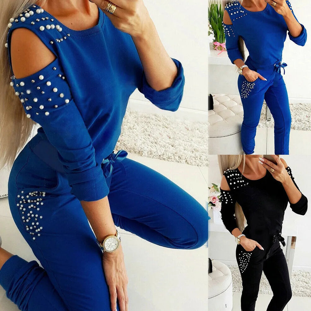 2 Pieces Sets Women Europe 2026 Sexy Nail Bead Pure Color Round Collar top+Long Sports pant suits fall Dropshipping ZXP9596