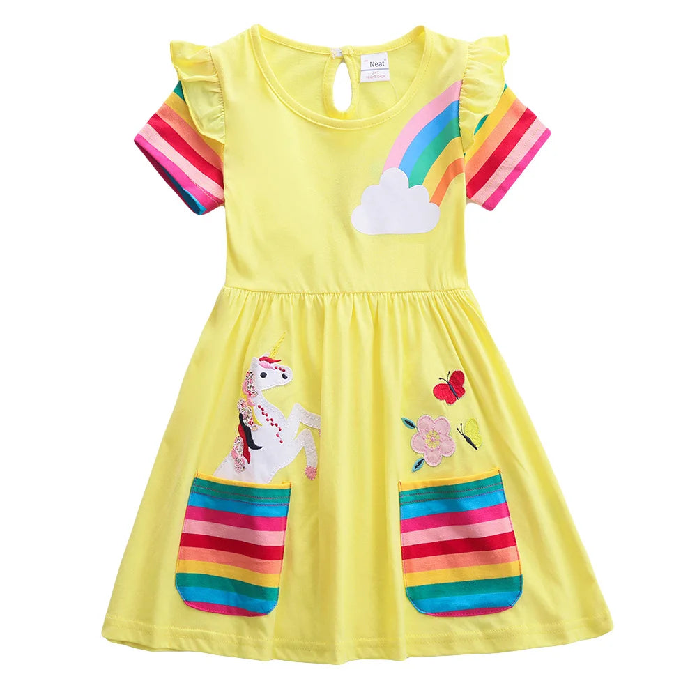 Girls' Short Sleeve Unicorn Dress New Summer Embroidered Two Pockets Rainbow Sleeve Children's SH81035