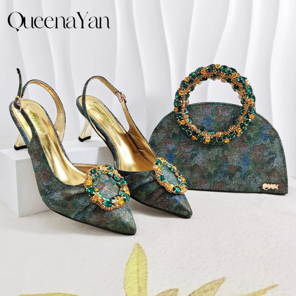Shimmery Glitter Slingback Women High Heels Sky Blue Shoes and Matching Bag Set Rhinestone Wedding Party Banquet Events
