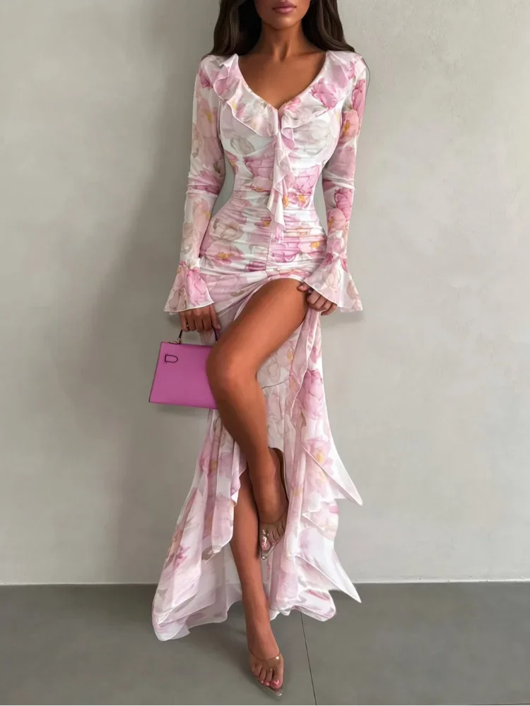 Pink Floral Print Maxi Dress V-neck Ruffle Trim Flare Women Sleeve Ruched High Slit Chiffon Dresses Elegant Evening Party Robe