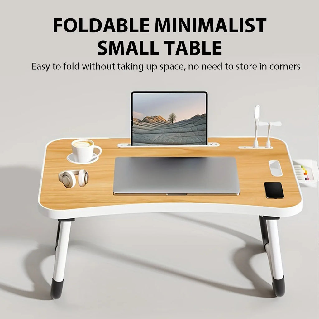 Portable Laptop Desk with USB Light & Fan, Built-in Cup Holder & Tablet Slot, Foldable Adjustable Laptop Table for Bed Sofa Work