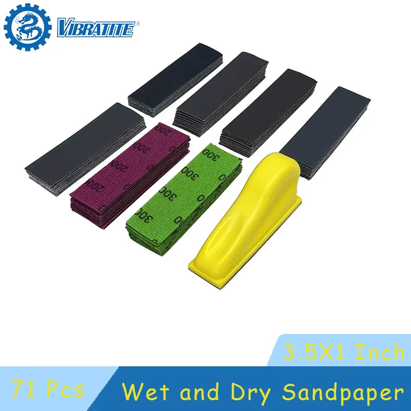 3.5”x 1” Mini Sandpaper Kit with Hook and Loop Sanding Block 71 Pcs Assorted 400/600/800/1000/1500/2000/3000 Grits for Polishing