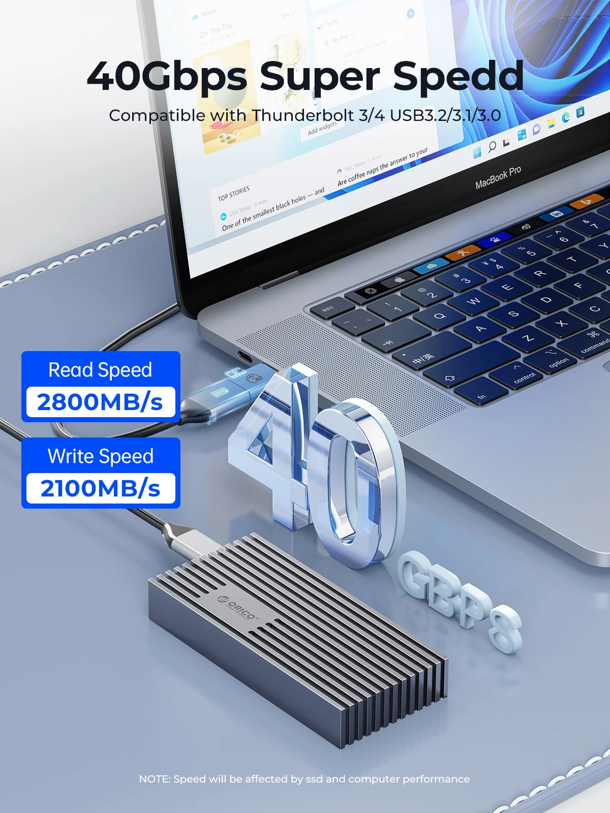 ORICO NVMe M.2 SSD Enclosure USB4 40Gbps PCIe3.0x4 20Gbps 10Gbps M.2 External Case Compatible with Thunderbolt 3/4 USB3.2/3.1