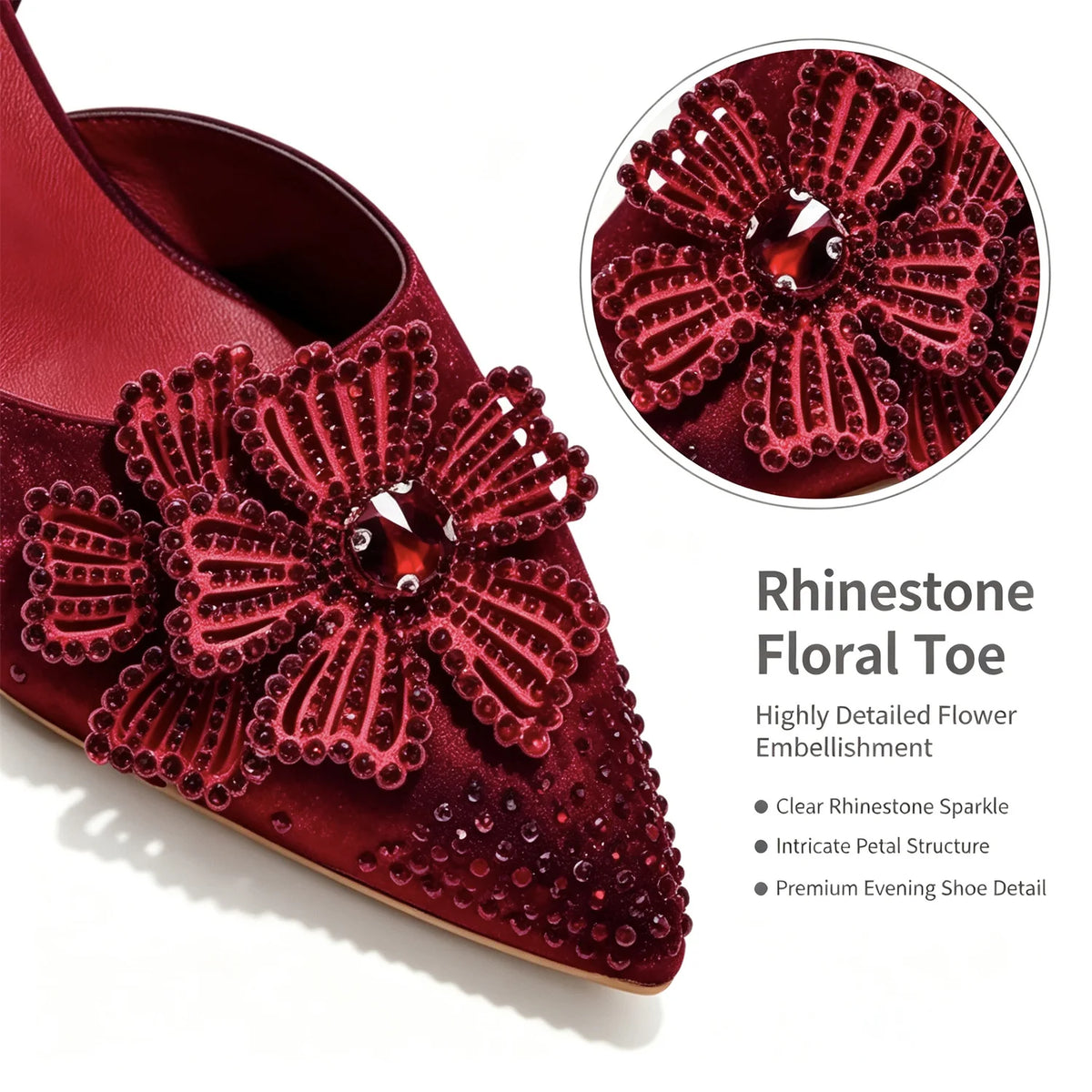 Luxury Women's Satin Slingback Heels with Rhinestone Embellishments & Pointed Toe - Stunning 3D Floral High Heels Ideal