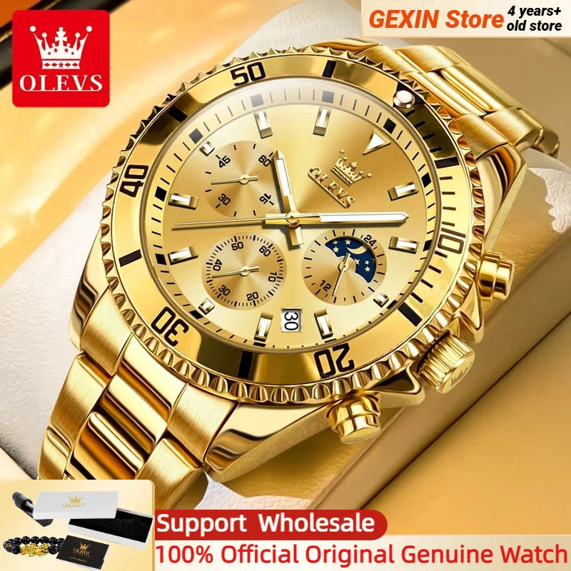 OLEVS 2870 Men's Watches Golden Stainless Steel Calendar Moon phase Chronograph 42.5mm Big Dial Men's Wristwatches Original