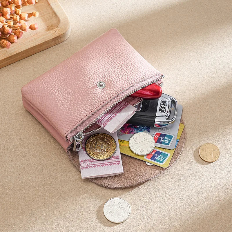 Custom Initials Fashion Women Genuine Leather Short Double Wallet Cute Small Coin Purse Mini Credit Card Holder Key Storage Bag