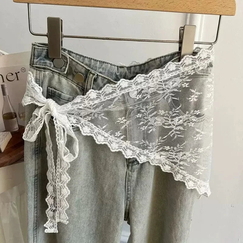 Korean Style Lace Embroidery Belt with Detachable Scarf Layering Accessory for Tulle Skirts Elegant Waist Chain with Floral