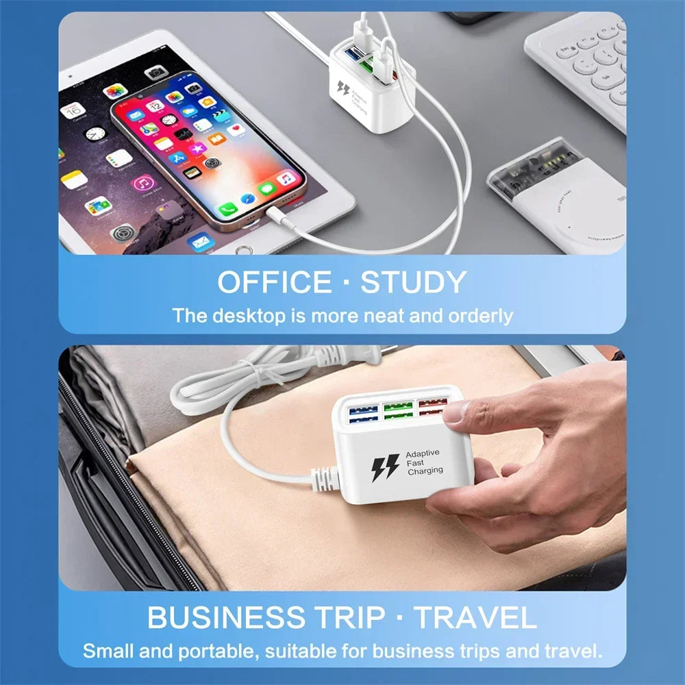Fast USB Charger 6 in 1 Power Strip Desktop Charging Station Fast Charging 1m Cord USB HUB Adapter Socket for iPhone 16 Home