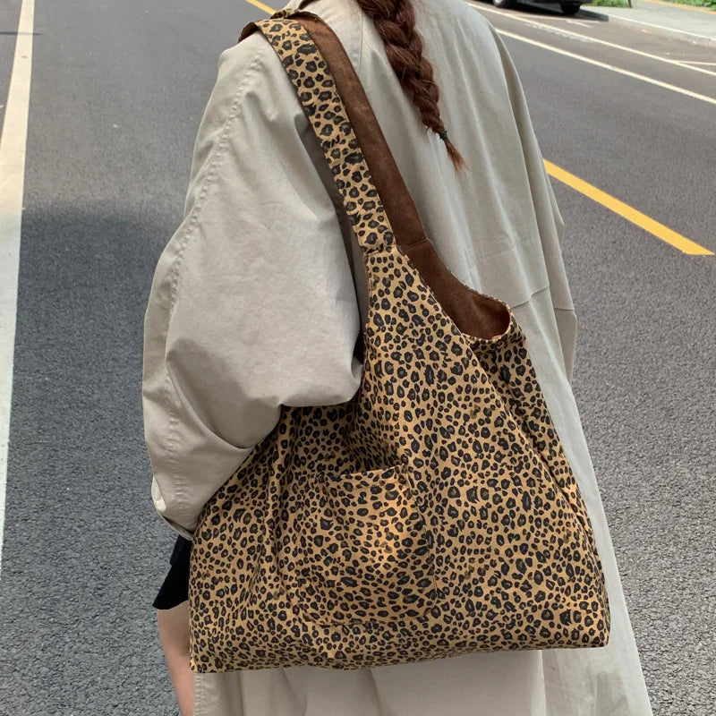 Leopard Print Vest Shoulder Bag for Women Double-sided Female Retro Suede Tote Purse Fall Winter Ladies Contrast Color Handbags