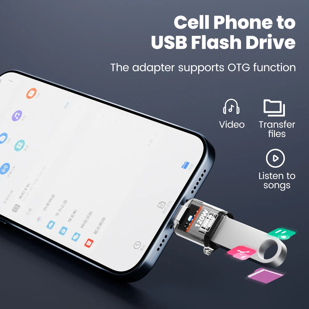 Olaf 120W Type C To USB A OTG Adapter USB 3.2 to Type C Fast Charging Connector For iPhone 15 16 Macbook iPad Huawei P60Xiaomi